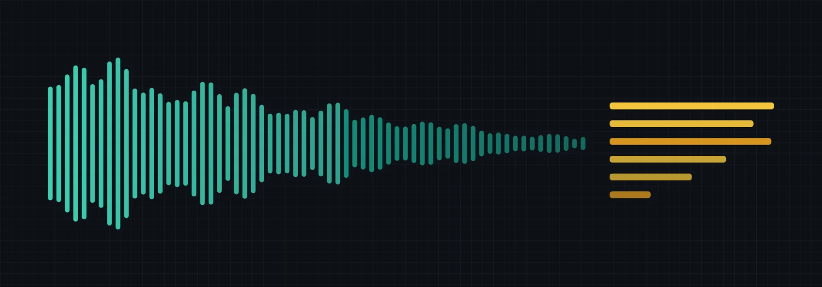 A sound wave on the left turns into lines of text on the right; the bars of the wave get lower as they approach the text.